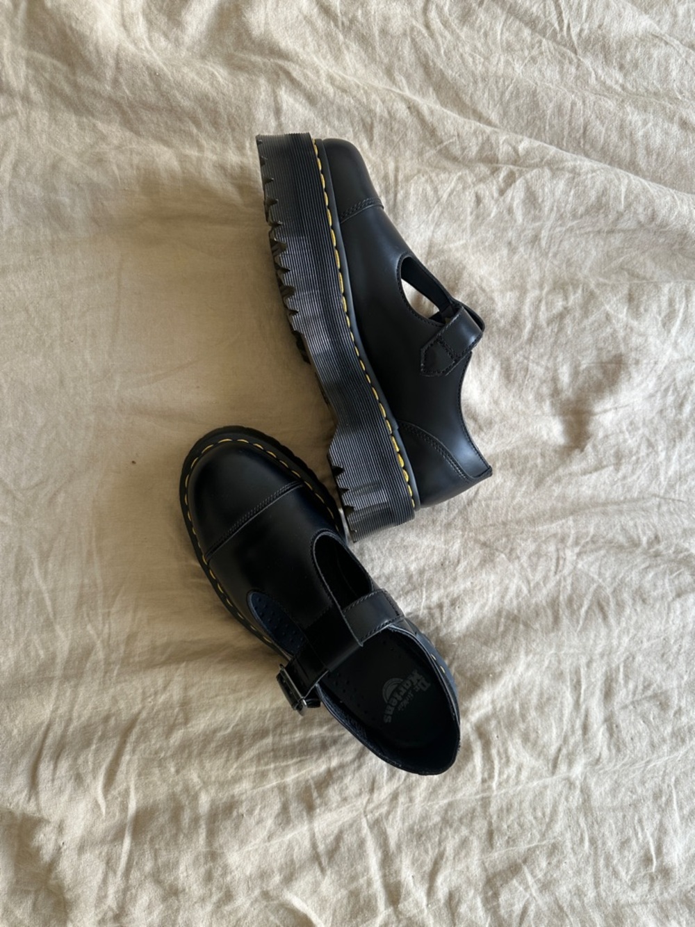 NWOT Dr. Martens Black Leather Mary Jane Platform Shoes with Yellow Stitching - Picture 3 of 3